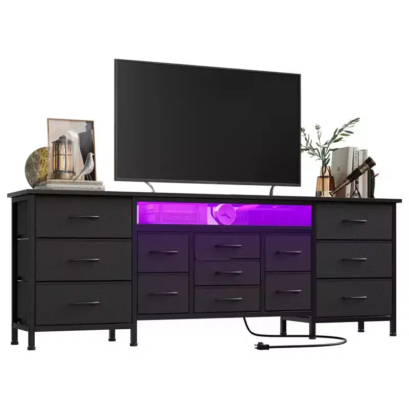 COZONY 70 Black Dresser with 13 Fabric Drawers & LED Lights, Wide TV Stand Chest with Metal Frame for Bedroom & Living Room