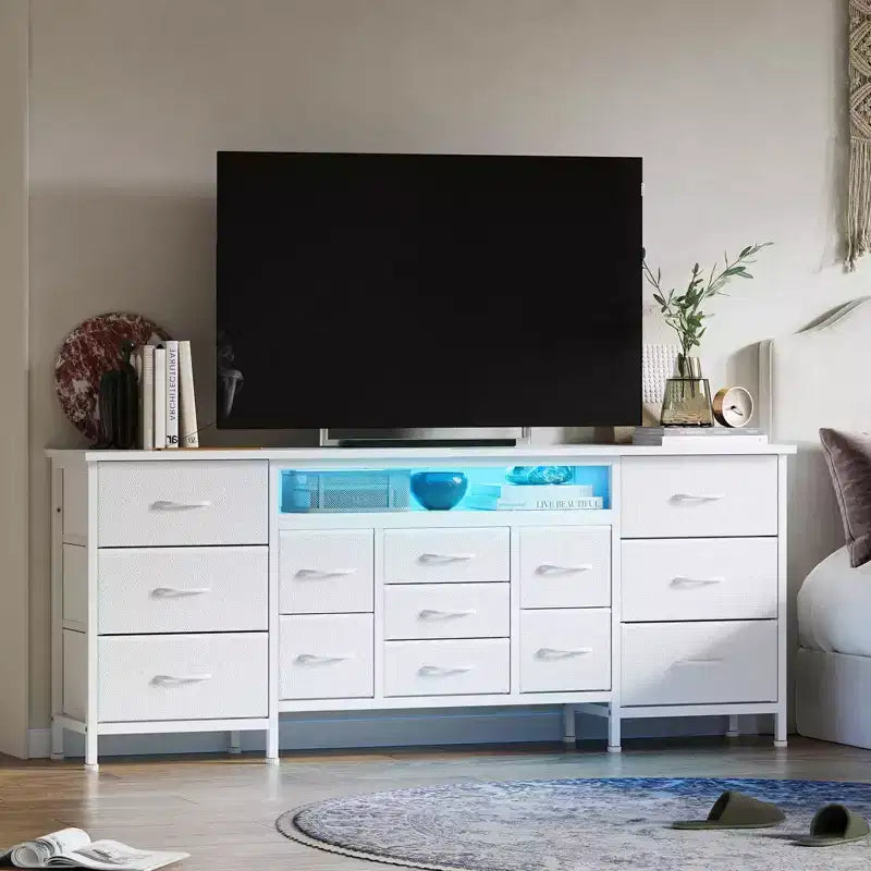 COZONY 70 Black Dresser with 13 Fabric Drawers & LED Lights, Wide TV Stand Chest with Metal Frame for Bedroom & Living Room