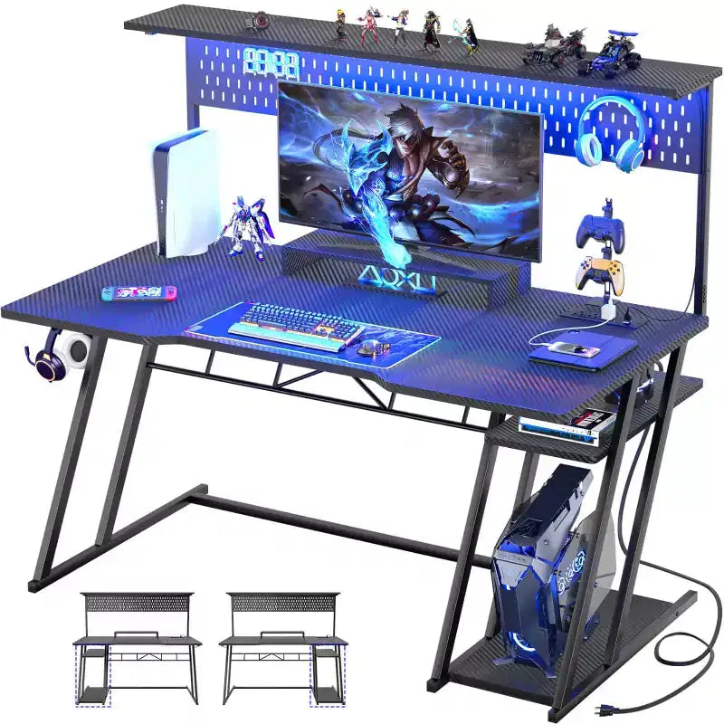 Besiost Gaming Desk with Charging Station, Computer Desk with Hutch and Pegboard
