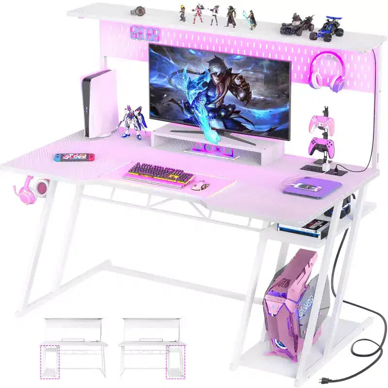 Besiost Gaming Desk with Charging Station, Computer Desk with Hutch and Pegboard