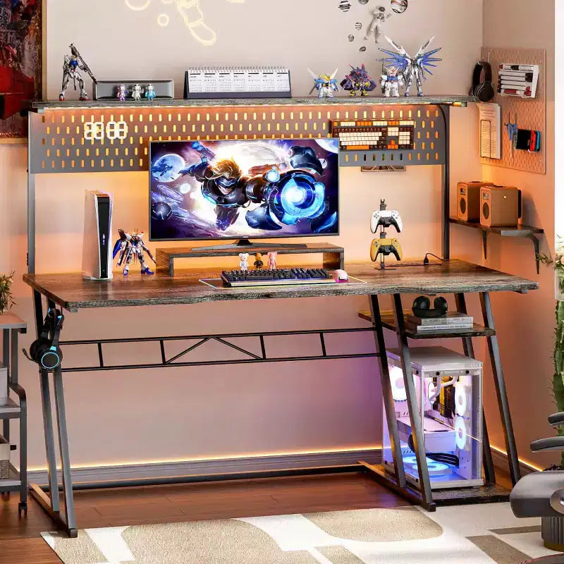 Besiost Gaming Desk with Charging Station, Computer Desk with Hutch and Pegboard