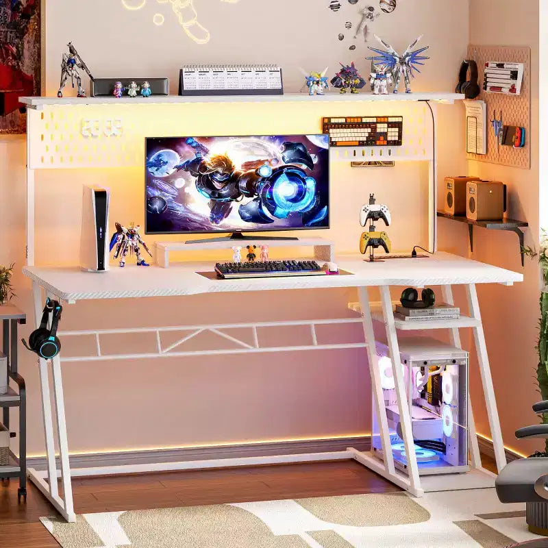 Besiost Gaming Desk with Charging Station, Computer Desk with Hutch and Pegboard
