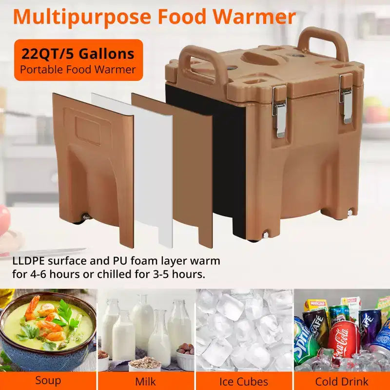 COZONY Insulated Food Pan Carrier with Spoon, 20L Capacity Top Load Wheel Side Lock Stainless Steel for Catering Restaurant