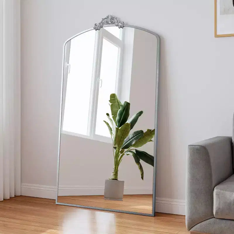 TUYOHW Modern Vintage Full Length Mirror for Bedroom,Dressing Room,Oversized Standing Full Wall Mirror with Ornate Arch,Silver