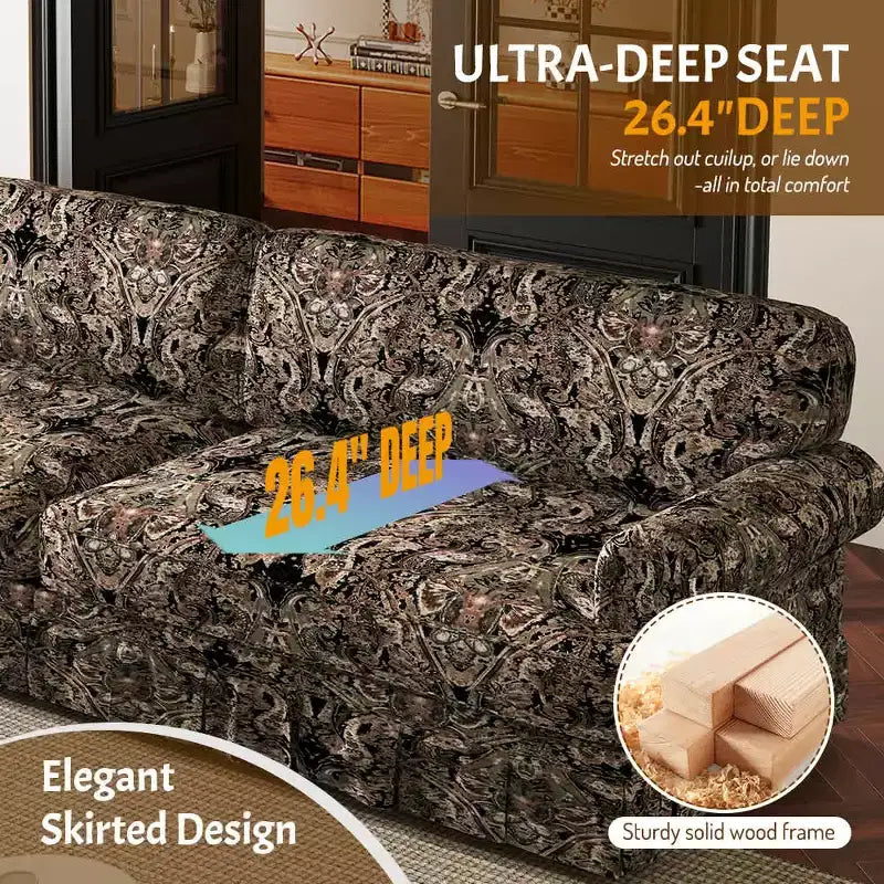 MAYEERTY 74 Luxuriously Comfortable 3 Seater Cloud Couch, Oxford Fabric Sofa with Rolled Arms & Pleated Skirt Design Black Floral