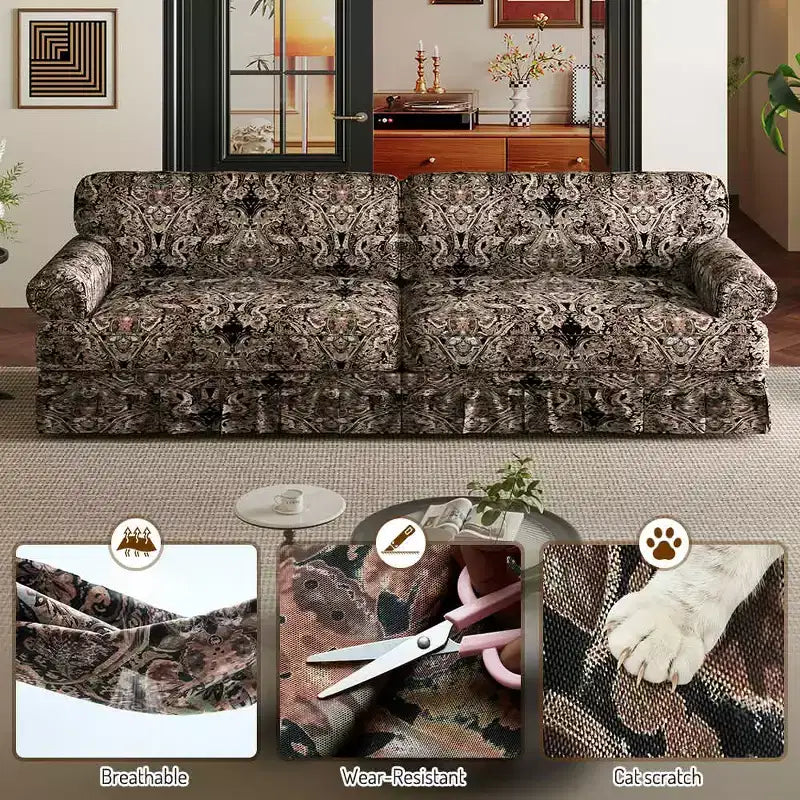 MAYEERTY 74 Luxuriously Comfortable 3 Seater Cloud Couch, Oxford Fabric Sofa with Rolled Arms & Pleated Skirt Design Black Floral