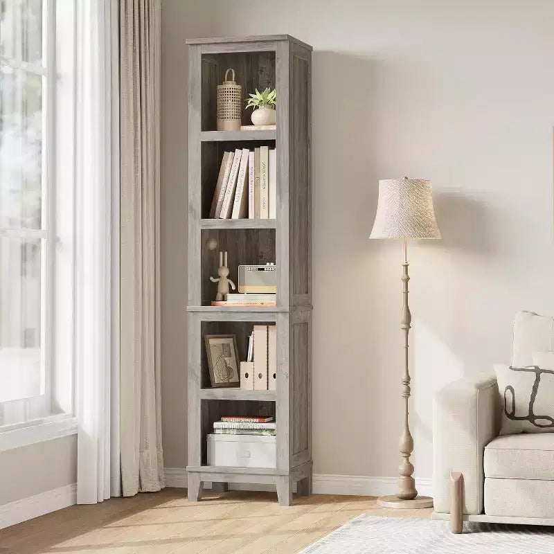 Narrow 5-layer Corner Bookshelf, Living Room Country-style Bookshelf with Wooden Legs, Grey, Suitable for Living Room and Bedroom, Space-saving