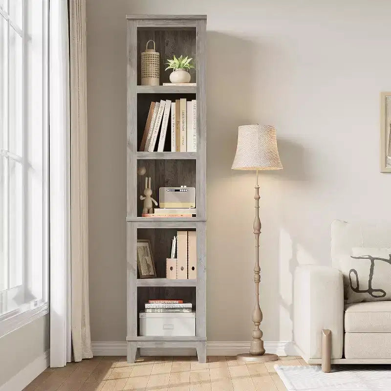 Narrow 5-layer Corner Bookshelf, Living Room Country-style Bookshelf with Wooden Legs, Grey, Suitable for Living Room and Bedroom, Space-saving