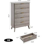 Fluted Dresser for Bedroom with 5 Deep Drawers, 47.2 in Tall Chest of Drawers, Curved Profile Design, Modern Wooden Dresser for Living Room Hallway