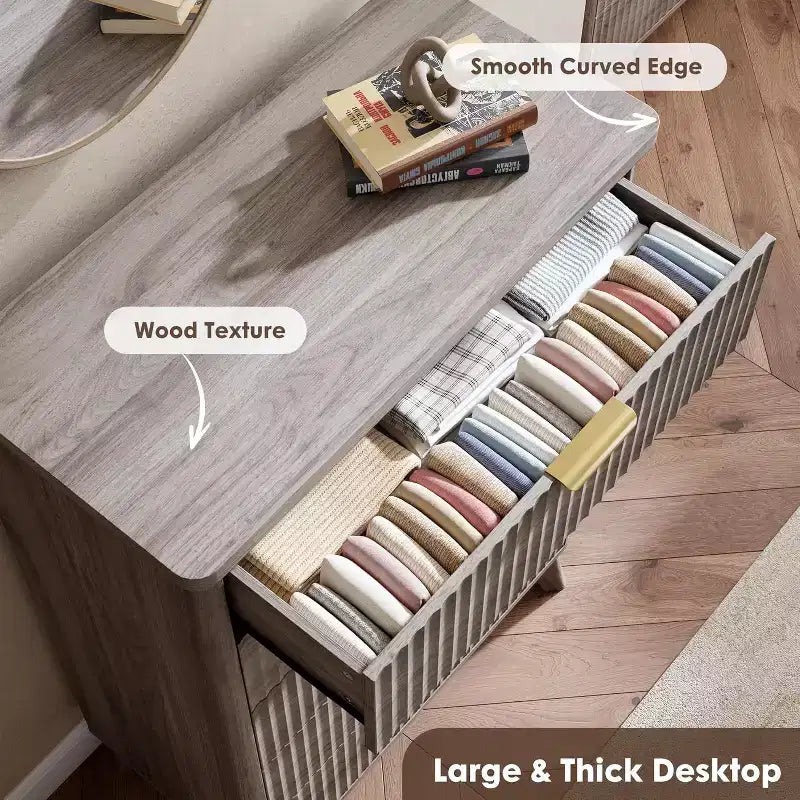 Fluted Dresser for Bedroom with 5 Deep Drawers, 47.2 in Tall Chest of Drawers, Curved Profile Design, Modern Wooden Dresser for Living Room Hallway