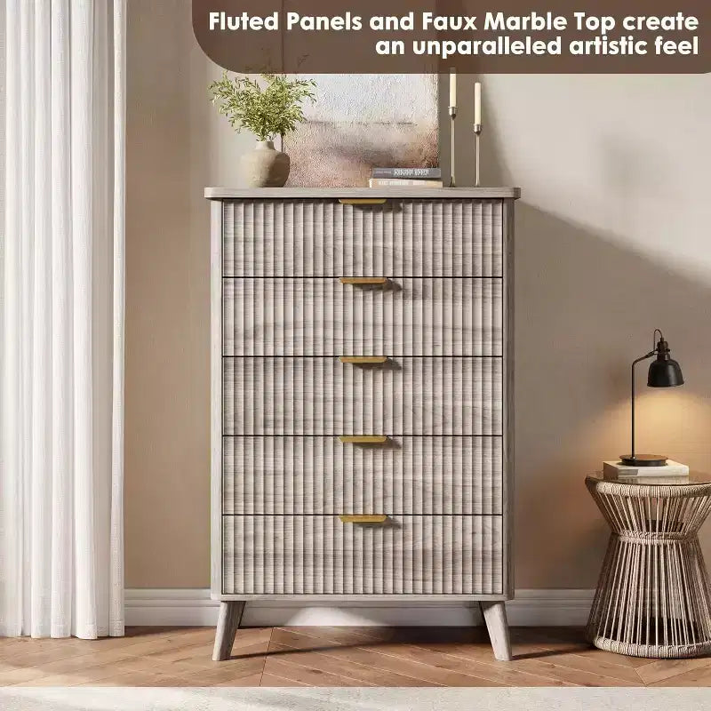 Fluted Dresser for Bedroom with 5 Deep Drawers, 47.2 in Tall Chest of Drawers, Curved Profile Design, Modern Wooden Dresser for Living Room Hallway
