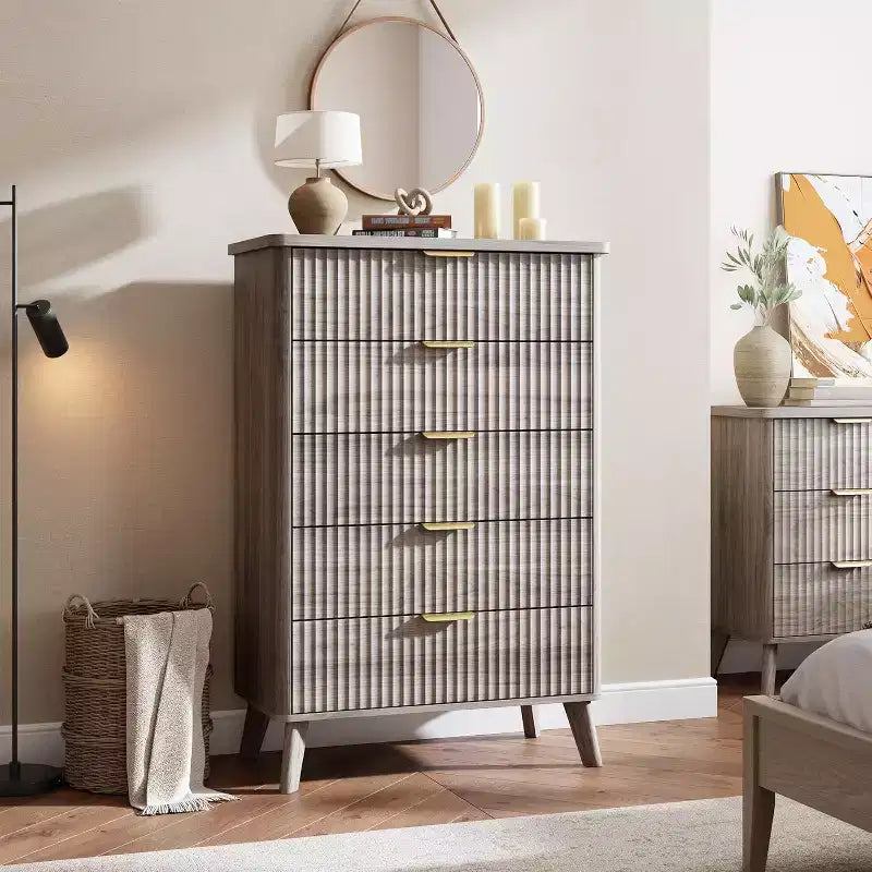 Fluted Dresser for Bedroom with 5 Deep Drawers, 47.2 in Tall Chest of Drawers, Curved Profile Design, Modern Wooden Dresser for Living Room Hallway