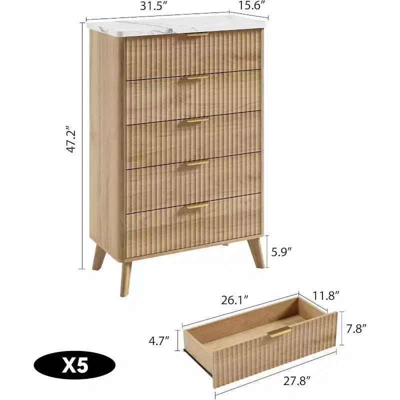 Fluted Dresser for Bedroom with 5 Deep Drawers, 47.2 in Tall Chest of Drawers, Curved Profile Design, Modern Wooden Dresser for Living Room Hallway