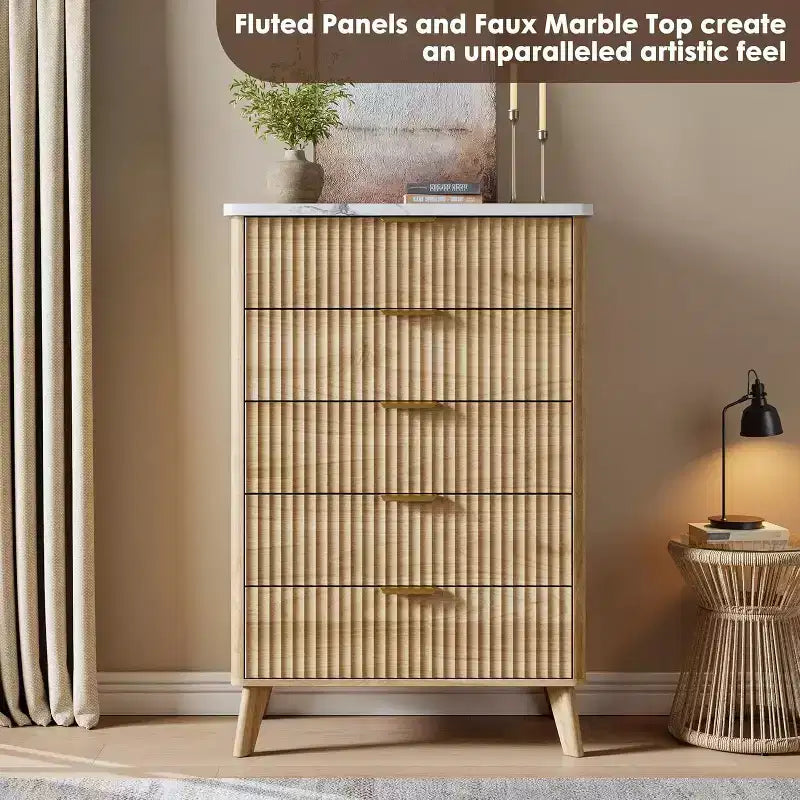 Fluted Dresser for Bedroom with 5 Deep Drawers, 47.2 in Tall Chest of Drawers, Curved Profile Design, Modern Wooden Dresser for Living Room Hallway
