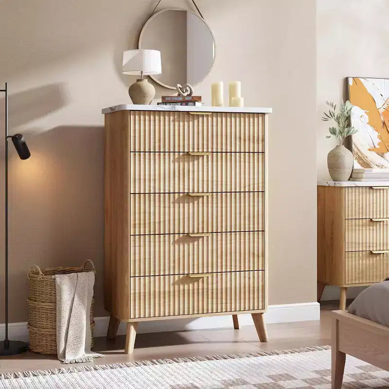 Fluted Dresser for Bedroom with 5 Deep Drawers, 47.2 in Tall Chest of Drawers, Curved Profile Design, Modern Wooden Dresser for Living Room Hallway