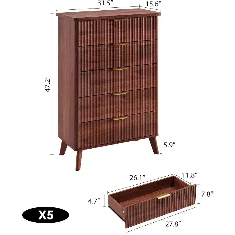 Fluted Dresser for Bedroom with 5 Deep Drawers, 47.2 in Tall Chest of Drawers, Curved Profile Design, Modern Wooden Dresser for Living Room Hallway