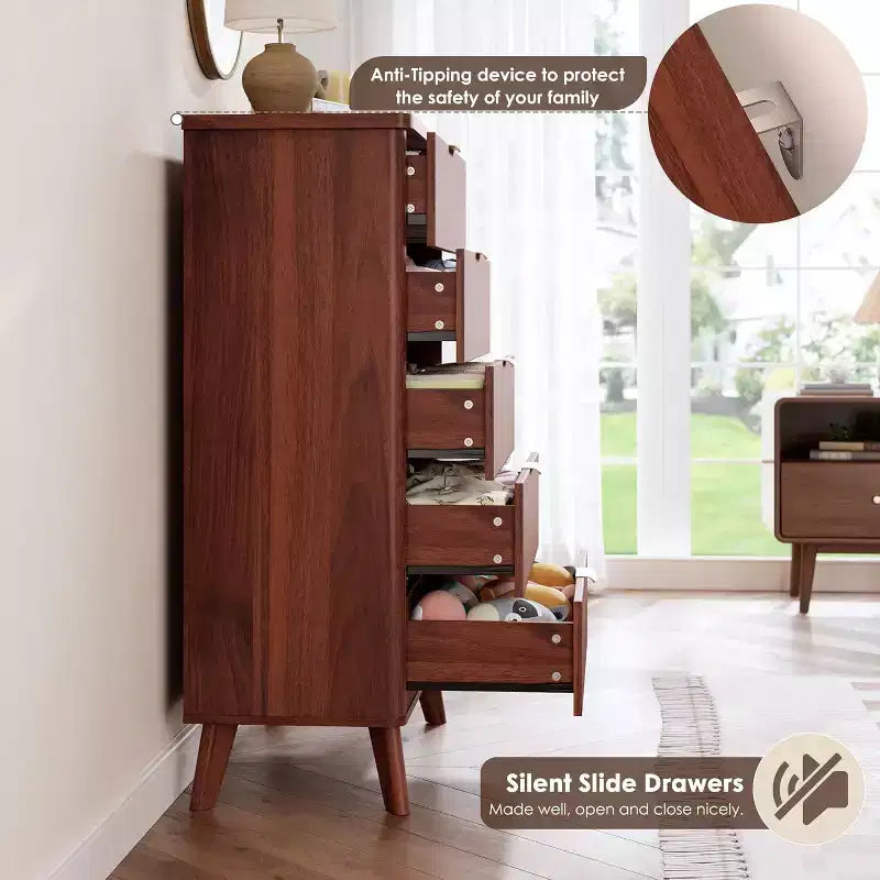Fluted Dresser for Bedroom with 5 Deep Drawers, 47.2 in Tall Chest of Drawers, Curved Profile Design, Modern Wooden Dresser for Living Room Hallway