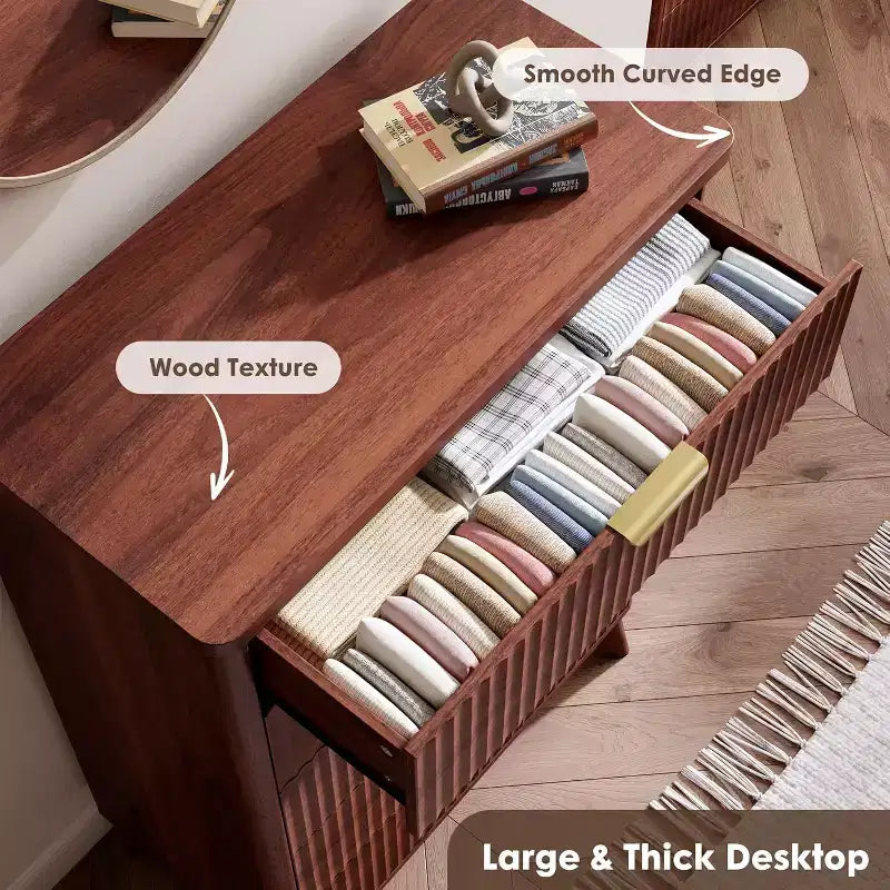 Fluted Dresser for Bedroom with 5 Deep Drawers, 47.2 in Tall Chest of Drawers, Curved Profile Design, Modern Wooden Dresser for Living Room Hallway
