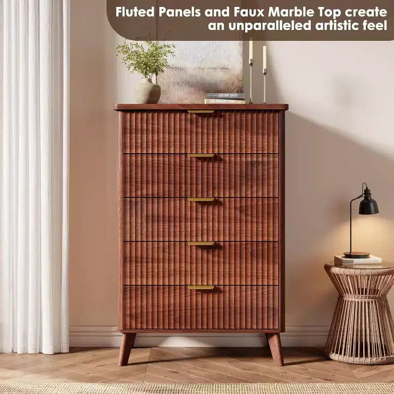 Fluted Dresser for Bedroom with 5 Deep Drawers, 47.2 in Tall Chest of Drawers, Curved Profile Design, Modern Wooden Dresser for Living Room Hallway