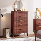 Fluted Dresser for Bedroom with 5 Deep Drawers, 47.2 in Tall Chest of Drawers, Curved Profile Design, Modern Wooden Dresser for Living Room Hallway