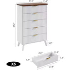 Fluted Dresser for Bedroom with 5 Deep Drawers, 47.2 in Tall Chest of Drawers, Curved Profile Design, Modern Wooden Dresser for Living Room Hallway