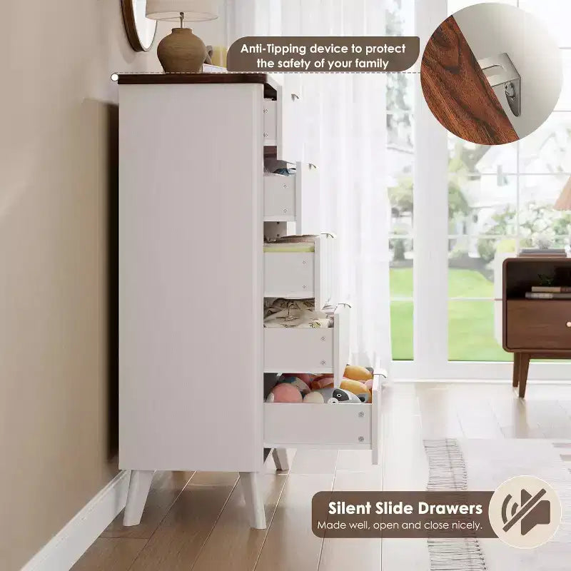 Fluted Dresser for Bedroom with 5 Deep Drawers, 47.2 in Tall Chest of Drawers, Curved Profile Design, Modern Wooden Dresser for Living Room Hallway