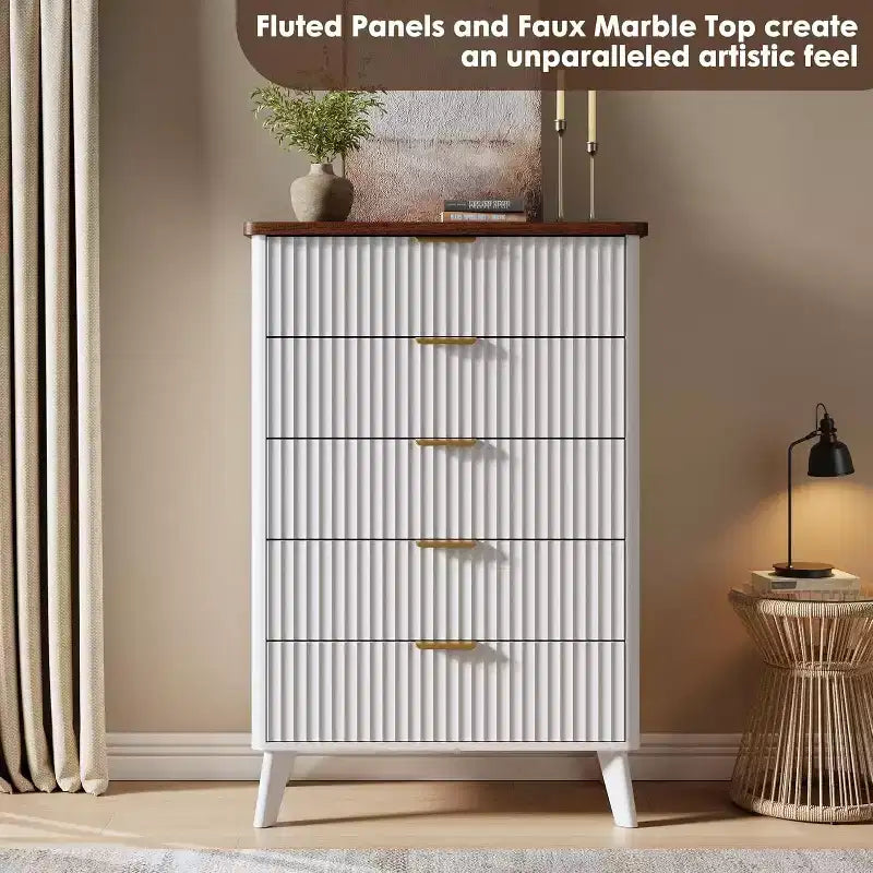 Fluted Dresser for Bedroom with 5 Deep Drawers, 47.2 in Tall Chest of Drawers, Curved Profile Design, Modern Wooden Dresser for Living Room Hallway