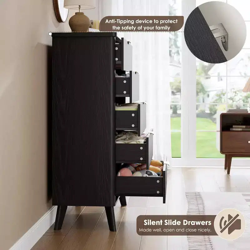 Fluted Dresser for Bedroom with 5 Deep Drawers, 47.2 in Tall Chest of Drawers, Curved Profile Design, Modern Wooden Dresser for Living Room Hallway