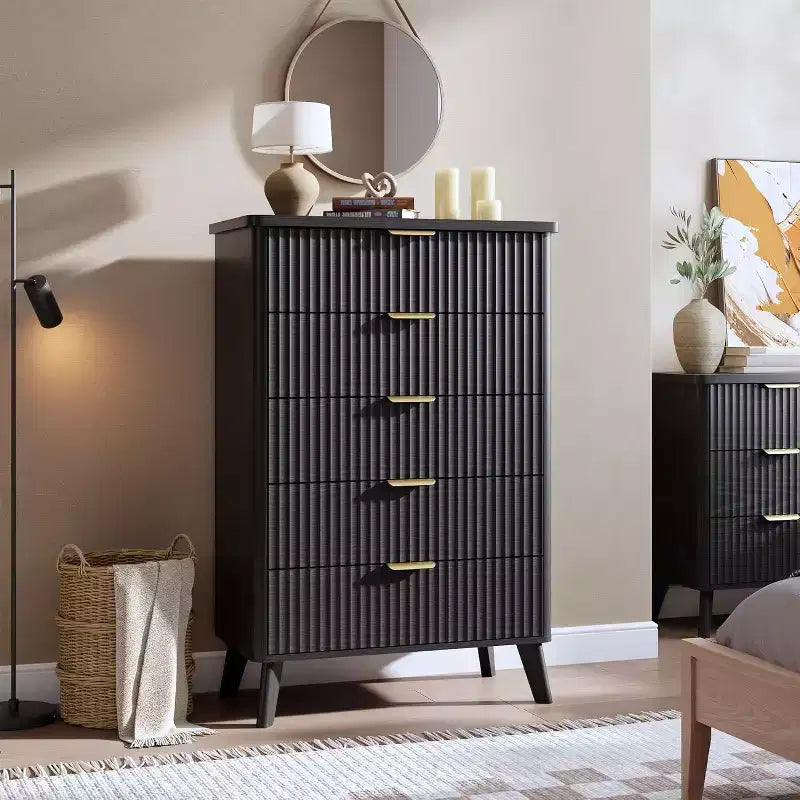 Fluted Dresser for Bedroom with 5 Deep Drawers, 47.2 in Tall Chest of Drawers, Curved Profile Design, Modern Wooden Dresser for Living Room Hallway