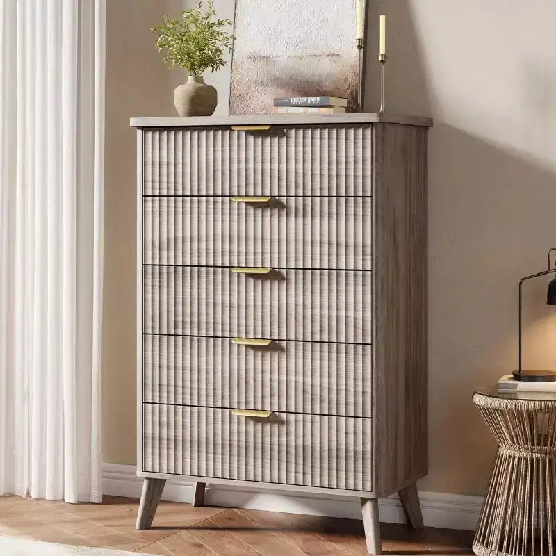 Fluted Dresser for Bedroom with 5 Deep Drawers, 47.2 in Tall Chest of Drawers, Curved Profile Design, Modern Wooden Dresser for Living Room Hallway
