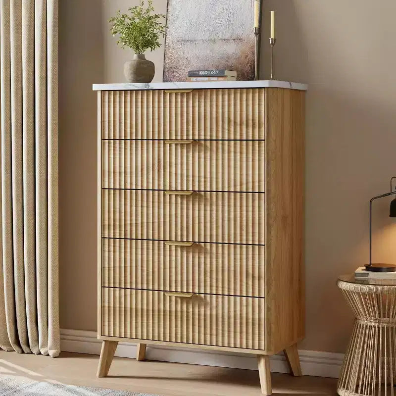 Fluted Dresser for Bedroom with 5 Deep Drawers, 47.2 in Tall Chest of Drawers, Curved Profile Design, Modern Wooden Dresser for Living Room Hallway