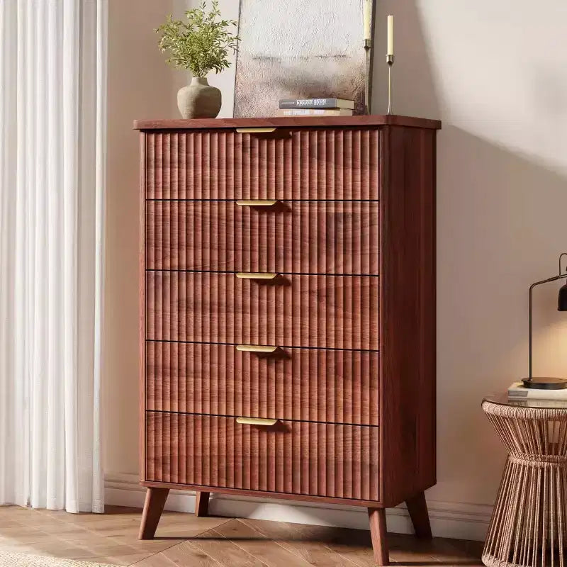 Fluted Dresser for Bedroom with 5 Deep Drawers, 47.2 in Tall Chest of Drawers, Curved Profile Design, Modern Wooden Dresser for Living Room Hallway