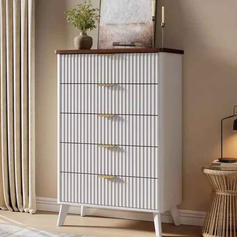 Fluted Dresser for Bedroom with 5 Deep Drawers, 47.2 in Tall Chest of Drawers, Curved Profile Design, Modern Wooden Dresser for Living Room Hallway