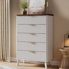 Fluted Dresser for Bedroom with 5 Deep Drawers, 47.2 in Tall Chest of Drawers, Curved Profile Design, Modern Wooden Dresser for Living Room Hallway