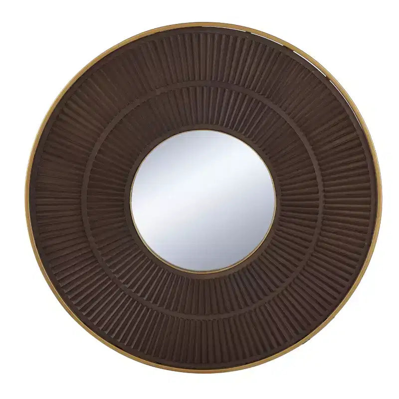 31.5 Inch Round Wooden Wall Mirror with Gold Iron Frame