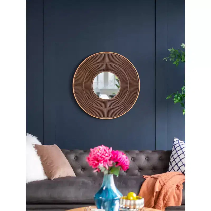 31.5 Inch Round Wooden Wall Mirror with Gold Iron Frame