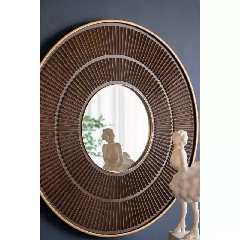 31.5 Inch Round Wooden Wall Mirror with Gold Iron Frame