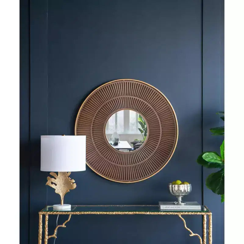 31.5 Inch Round Wooden Wall Mirror with Gold Iron Frame