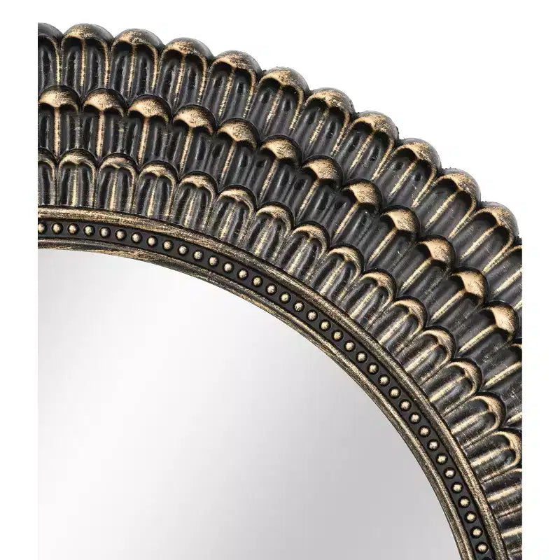 26.5 Inch Round Black and Gold Wooden Wall Mirror with Woven Texture