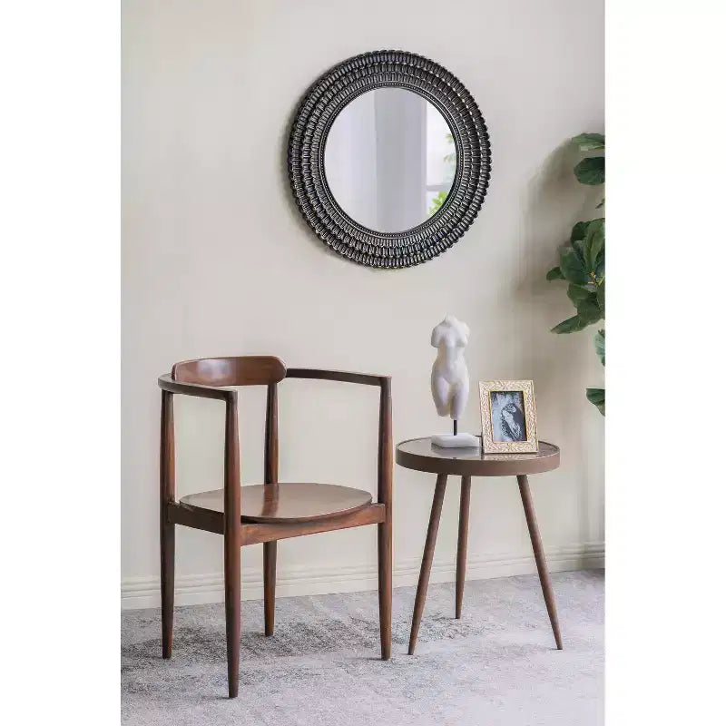 26.5 Inch Round Black and Gold Wooden Wall Mirror with Woven Texture