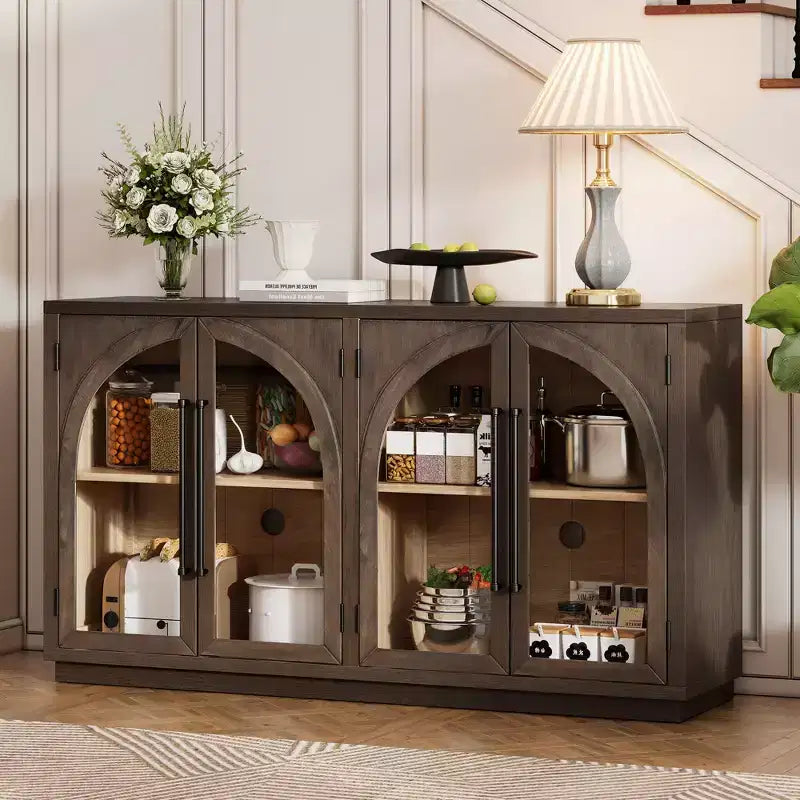 Clihome 4-Door Large Storage Sideboard Buffet Cabinet with Glass Doors,Arched Cabinet with Adjustable Shelves for Kitchen, Dining Room and Living Room