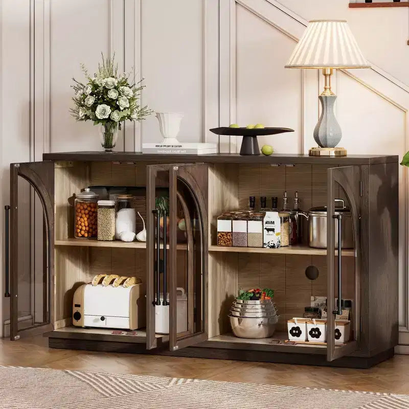 Clihome 4-Door Large Storage Sideboard Buffet Cabinet with Glass Doors,Arched Cabinet with Adjustable Shelves for Kitchen, Dining Room and Living Room