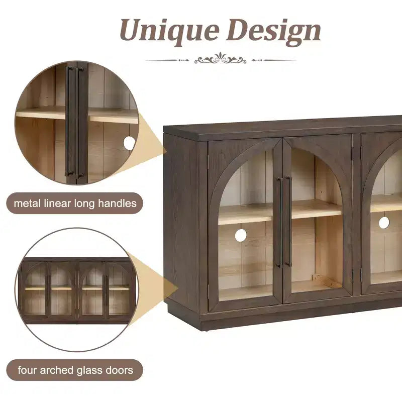 Clihome 4-Door Large Storage Sideboard Buffet Cabinet with Glass Doors,Arched Cabinet with Adjustable Shelves for Kitchen, Dining Room and Living Room