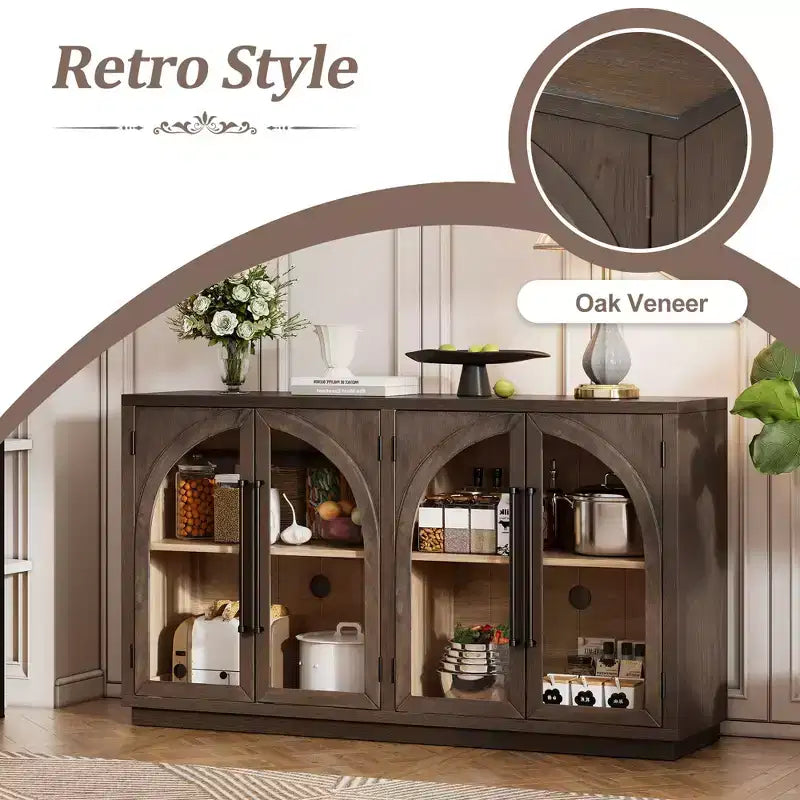 Clihome 4-Door Large Storage Sideboard Buffet Cabinet with Glass Doors,Arched Cabinet with Adjustable Shelves for Kitchen, Dining Room and Living Room