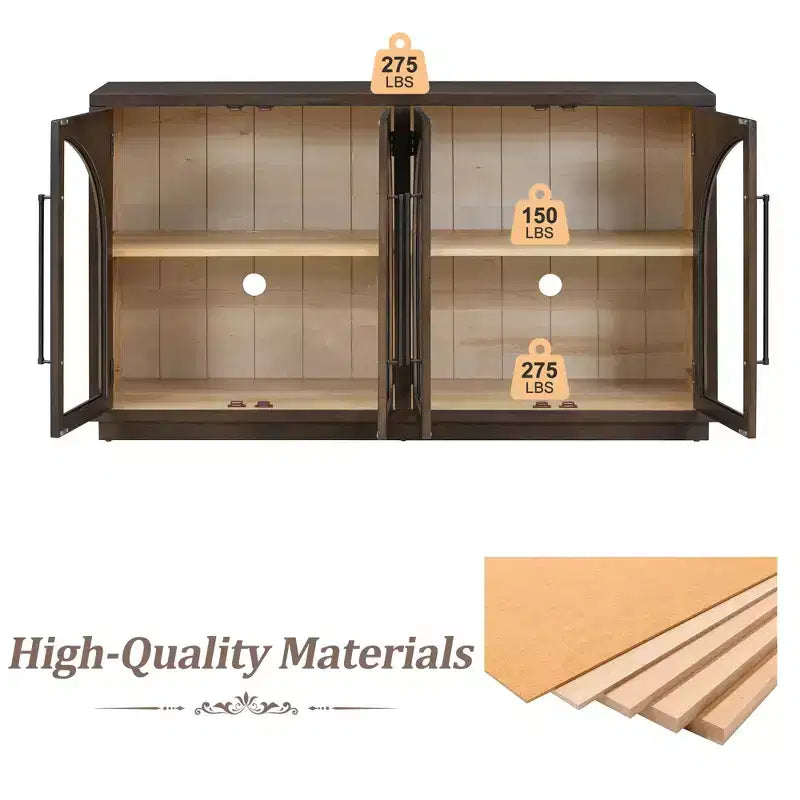 Clihome 4-Door Large Storage Sideboard Buffet Cabinet with Glass Doors,Arched Cabinet with Adjustable Shelves for Kitchen, Dining Room and Living Room