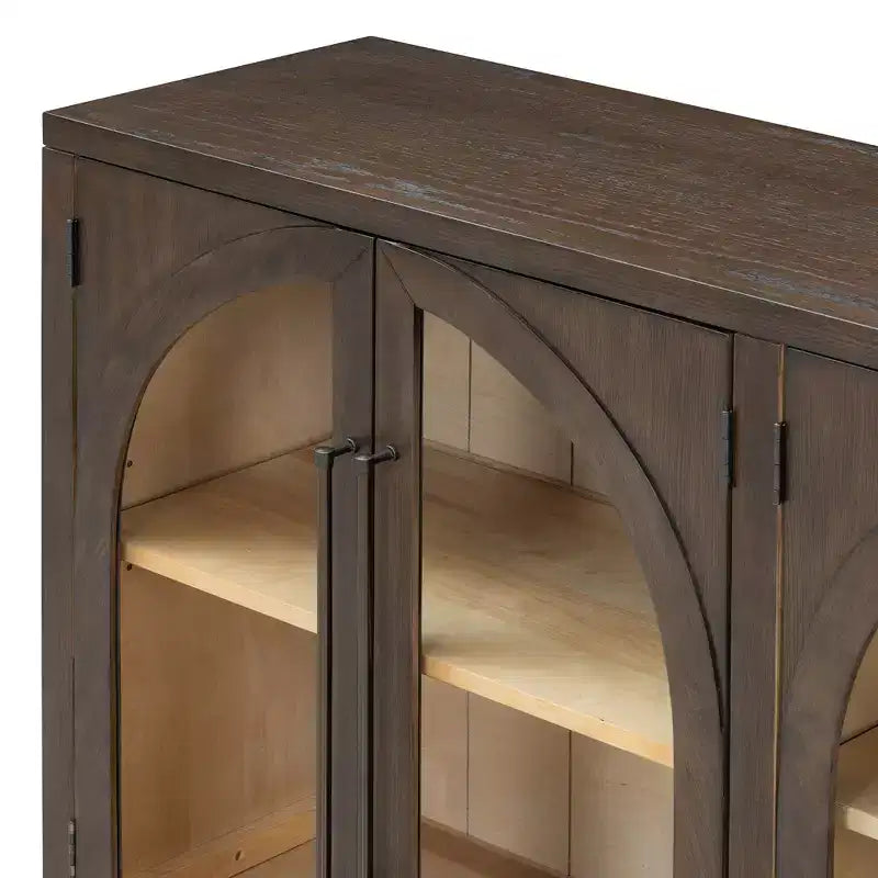 Clihome 4-Door Large Storage Sideboard Buffet Cabinet with Glass Doors,Arched Cabinet with Adjustable Shelves for Kitchen, Dining Room and Living Room