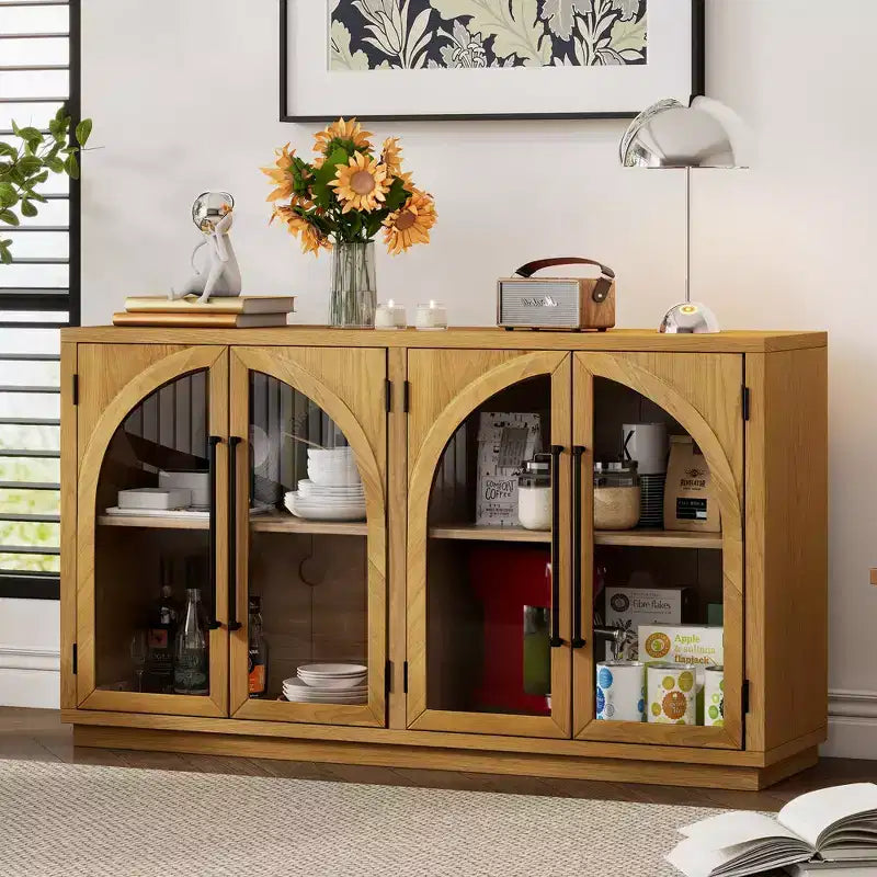 Clihome 4-Door Large Storage Sideboard Buffet Cabinet with Glass Doors,Arched Cabinet with Adjustable Shelves for Kitchen, Dining Room and Living Room