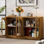 Clihome 4-Door Large Storage Sideboard Buffet Cabinet with Glass Doors,Arched Cabinet with Adjustable Shelves for Kitchen, Dining Room and Living Room
