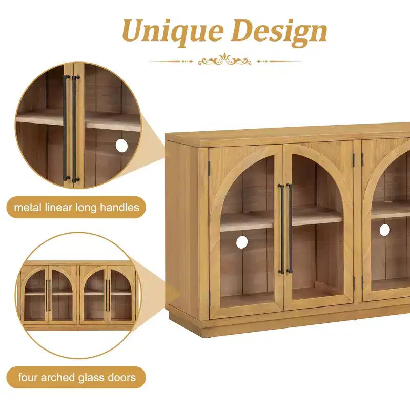 Clihome 4-Door Large Storage Sideboard Buffet Cabinet with Glass Doors,Arched Cabinet with Adjustable Shelves for Kitchen, Dining Room and Living Room