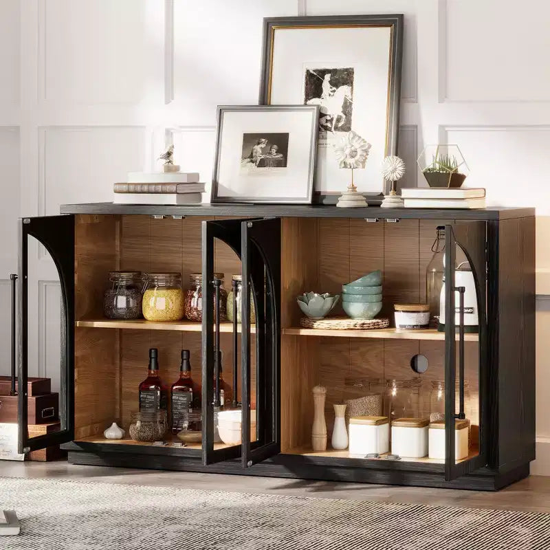 Clihome 4-Door Large Storage Sideboard Buffet Cabinet with Glass Doors,Arched Cabinet with Adjustable Shelves for Kitchen, Dining Room and Living Room